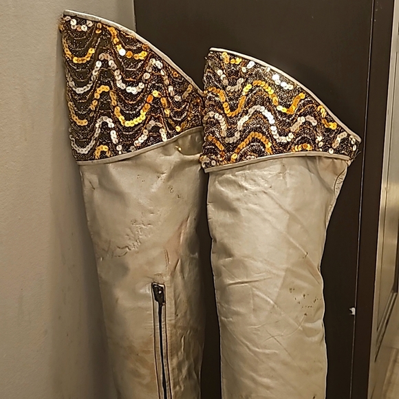 Vintage Over-The-Knee Genuine Leather Boots, Sz 8M Silver w/Top Black/Gold/Silve